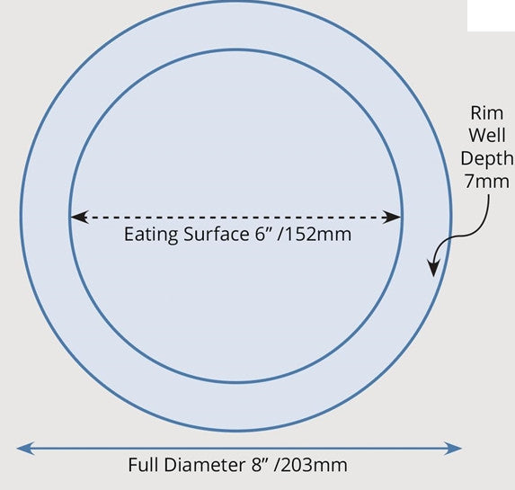 A diagram of the measurements of the plate. eating surface 6 inches/152 mm, full diameter 8 inches/203mm, Rim Well Depth 7mm