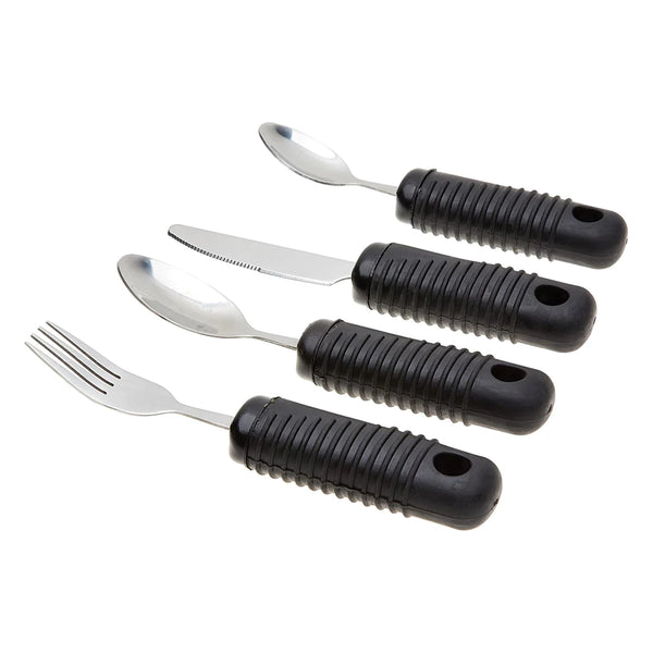 The 4 types of Sure Grip Cutlery, fork, dessert spoon, knife, and teaspoon.