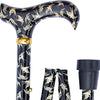 the image shows the classic canes folding fashion derby cane with white ish coloured swallows on a black background pattern