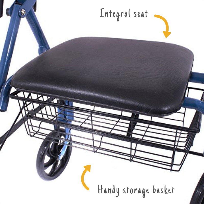the image shows the seat and storage basket on the blue jay four wheel rollator