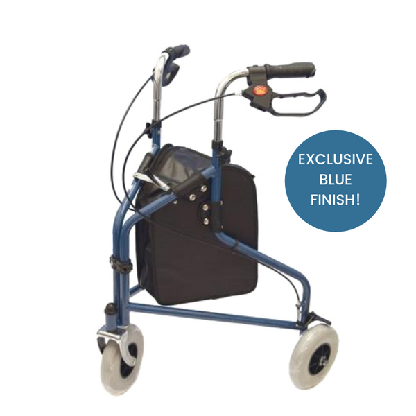 shows the kingfisher three wheel rollator with bag