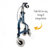 shows a folded up kingfisher three wheel rollator with bag