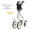 A folded up white Let's Fly Rollator with the caption 