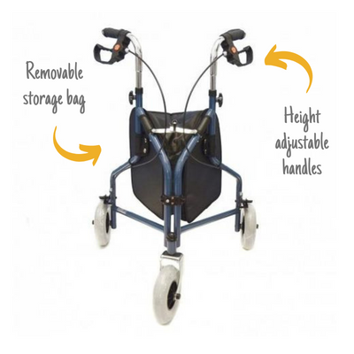 shows a front view of the kingfisher three wheel rollator with bag