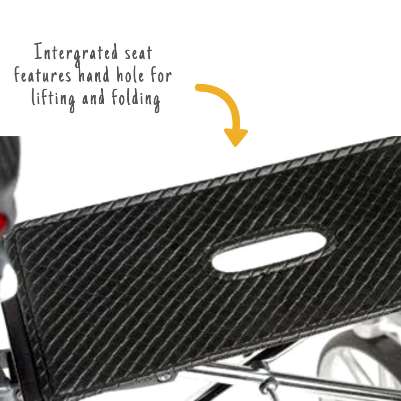 A close up of the seat on the Let's Fly Rollator with the caption: Integrated seat features hand hole for lifting and folding.