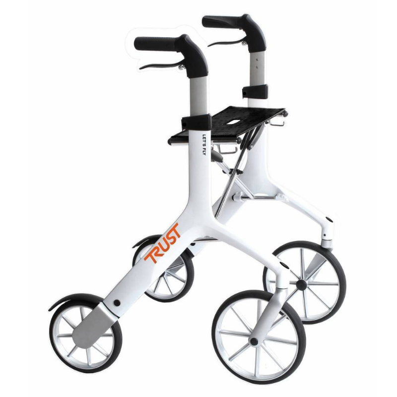 A sideways view of the white Let's Fly Rollator.