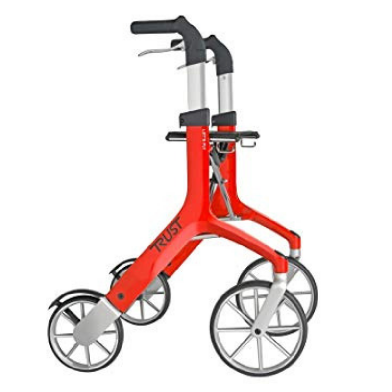 A sideways view of the red Let's Fly Rollator.