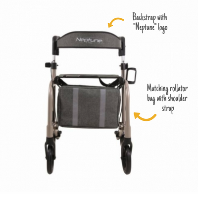 A rear view of the Neptune 4 Wheel Rollator with the captions; Backstrap with 'neptune' logo, and Matching rollator bag with shoulder strap.