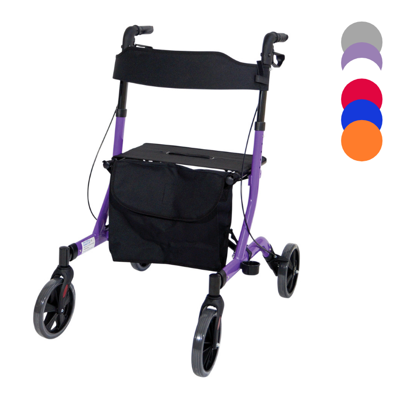 the deluxe ultra lightweight folding 4 wheeled rollator in purple