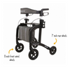 A black Neptune 4 Wheel Rollator with two captions; 8 inch front swivel wheels and 7 inch rear wheels