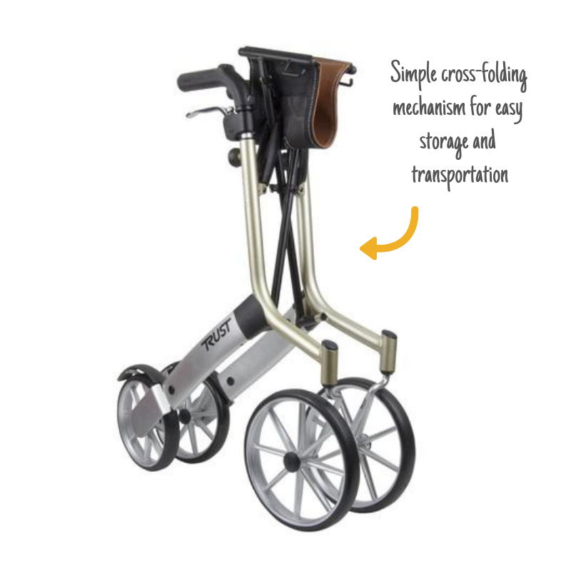 A folded up Let's Go Out Rollator with the caption: Simple cross-folding mechanism for easy storage and transportation.