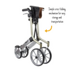 A folded up Let's Go Out Rollator with the caption: Simple cross-folding mechanism for easy storage and transportation.