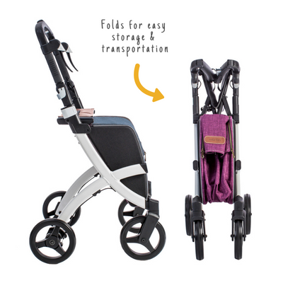 shows two white framed rollz flex rollators, one is folded up, it has a purple shopping bag.