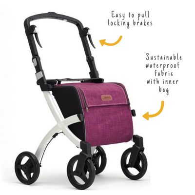 shows a white framed rollz flex rollator with a purple shopping bag