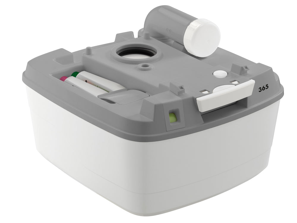shows the underside of the porta potti 365 portable flushing toilet