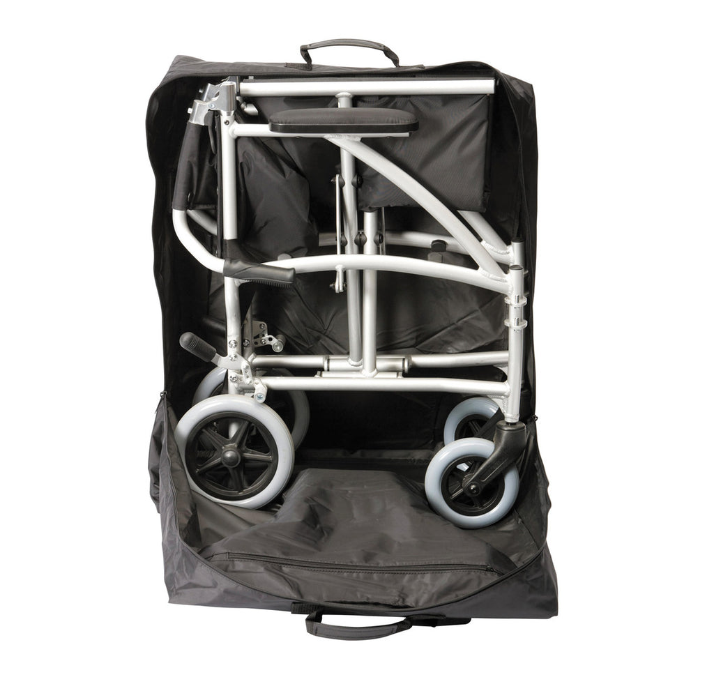 The Travel Chair, folded up, in a bag