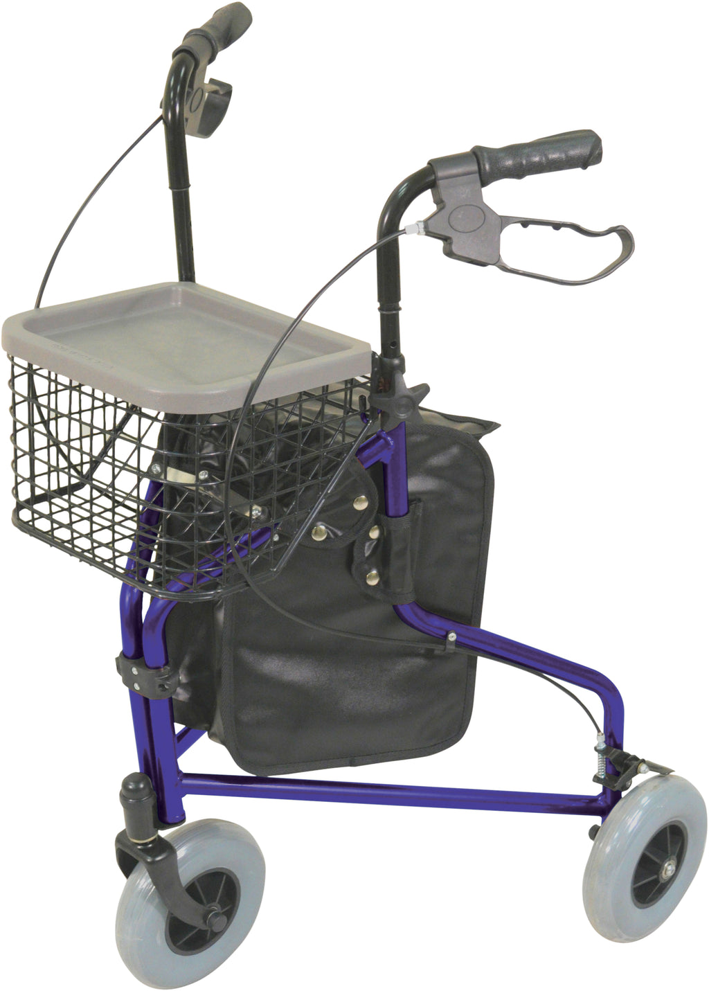 the image shows the lightweight aluminium tri/three wheel walker with a bag and basket 