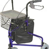 the image shows the lightweight aluminium tri/three wheel walker with a bag and basket 