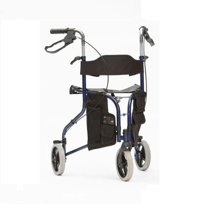 shows the blue Tri-walker walking aid with seat