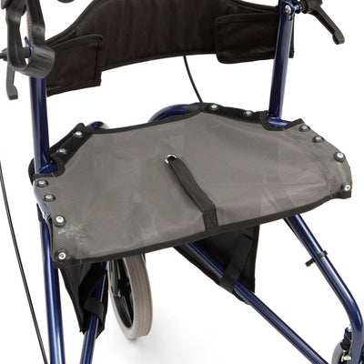 shows a close-up of the seat on the blue Tri-walker walking aid