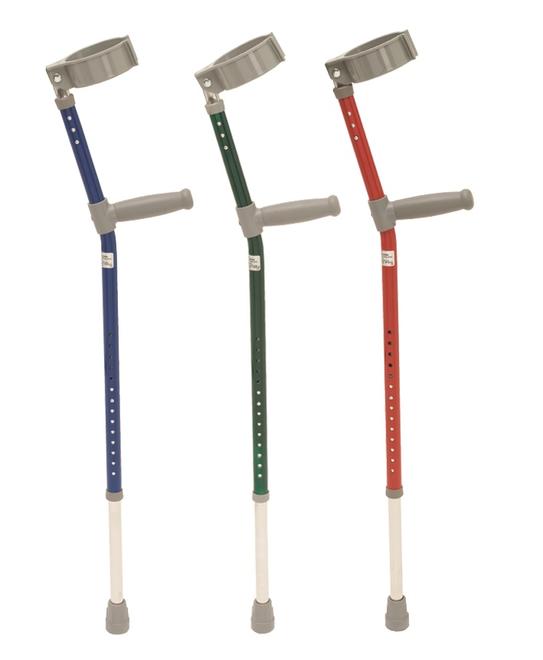 The three different colours of Trulife Coloured Crutches, blue, green, and red.