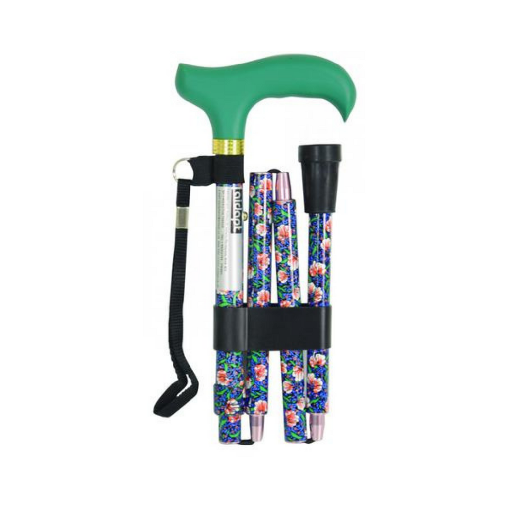 shows the deluxe folding walking cane in Emerald