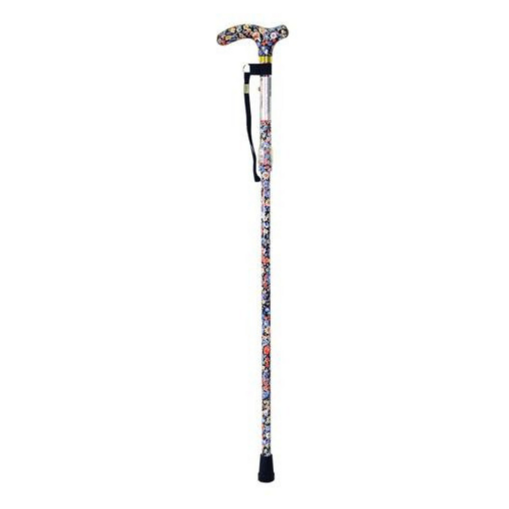 shows a deluxe folding walking cane when unfolded for use