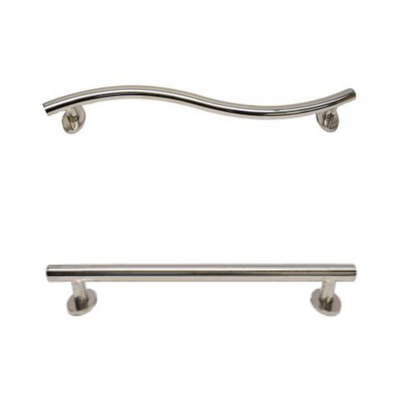 Two Polished Stainless Steel Chrome Grab Rails, one curved, and one straight.