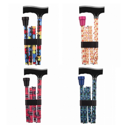 shows the four different designs of retro pattern folding adjustable walking sticks