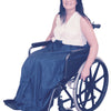 the image shows a woman in a wheelchair, wearing the wheelchair fleece leg cosy