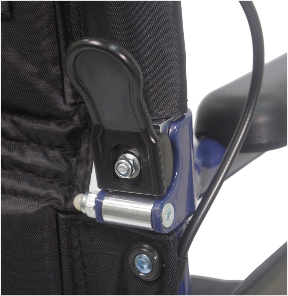 A close up of the screw fittings on a blue compact transport aluminium wheelchair