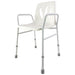 A white mobility aid shower chair with arm rests and back support