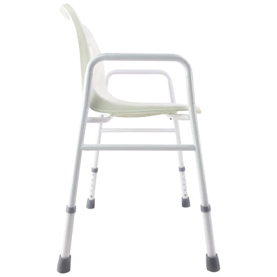 A white mobility aid shower chair with arm rests and back support