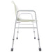A white mobility aid shower chair with arm rests and back support
