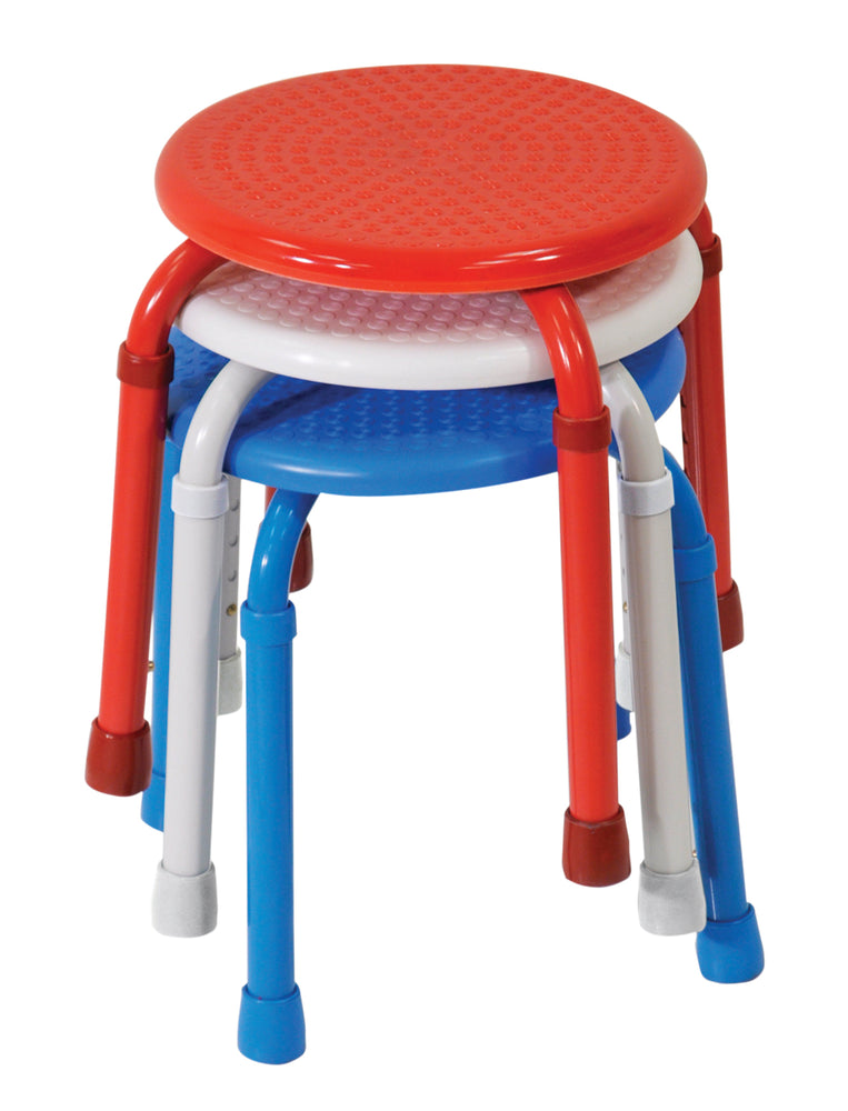 shows three multi-purpose adjustable stools in all three colours of red white and blue stacked on top of each other