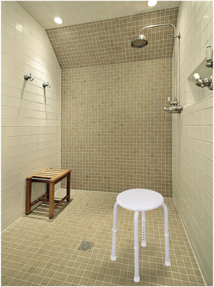 shows a white multi-purpose adjustable stool placed beneath a shower head in a wetroom