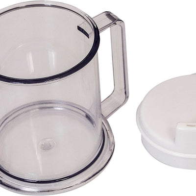 a close up of the easy to hold two handled drinking cup with the lid taken off