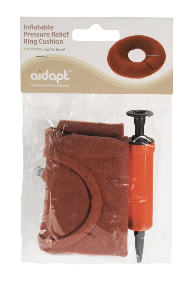 shows the inflatable ring cushion in red with the pump, deflated and in its packaging