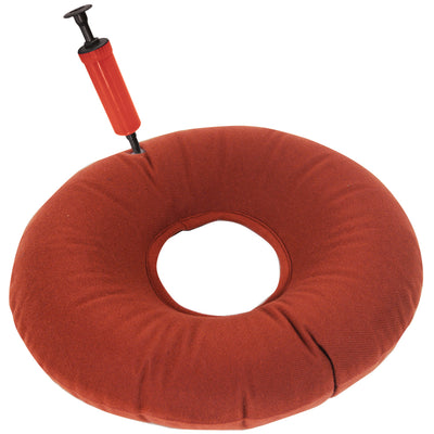 shows the inflatable ring cushion in red with the pump
