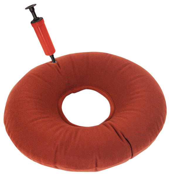 shows the inflatable ring cushion in red with the pump