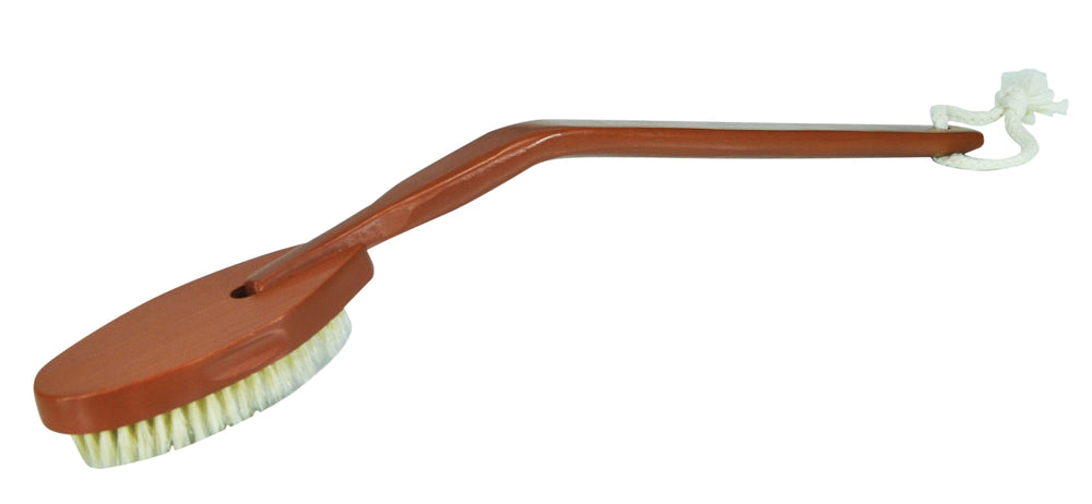 shows the Long Handled Wooden Bath Brush turned upside down to show the angle of the handle.