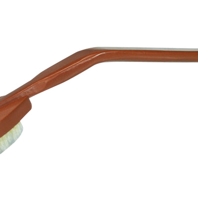 shows the Long Handled Wooden Bath Brush turned upside down to show the angle of the handle.