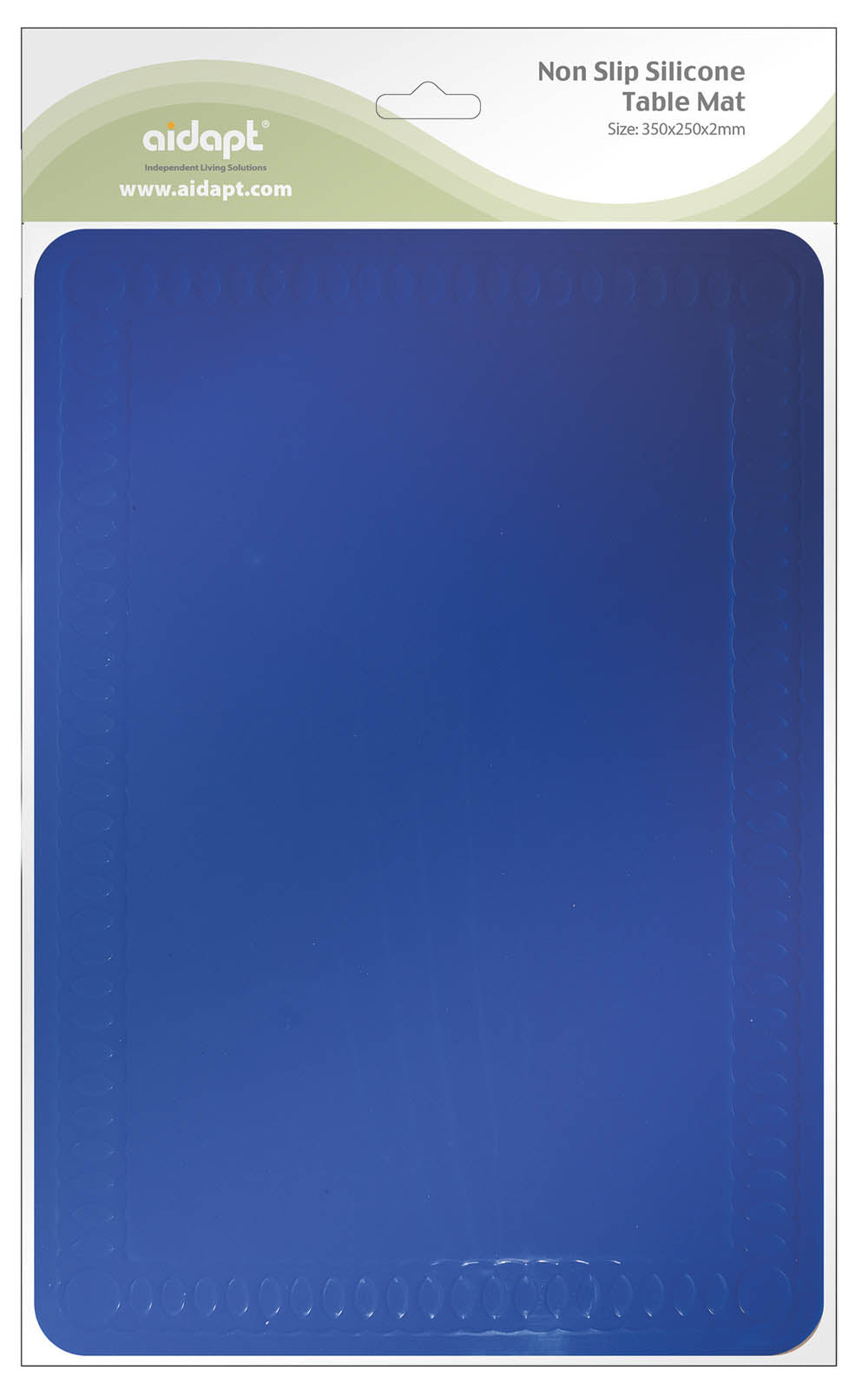 shows a blue anti slip silicone mat, in its packaging