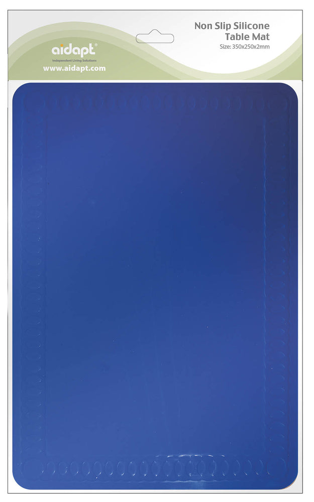 shows a blue anti slip silicone mat, in its packaging