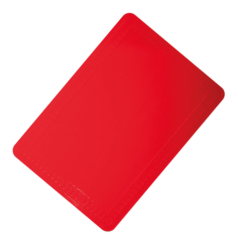 shows a red anti slip silicone table mat