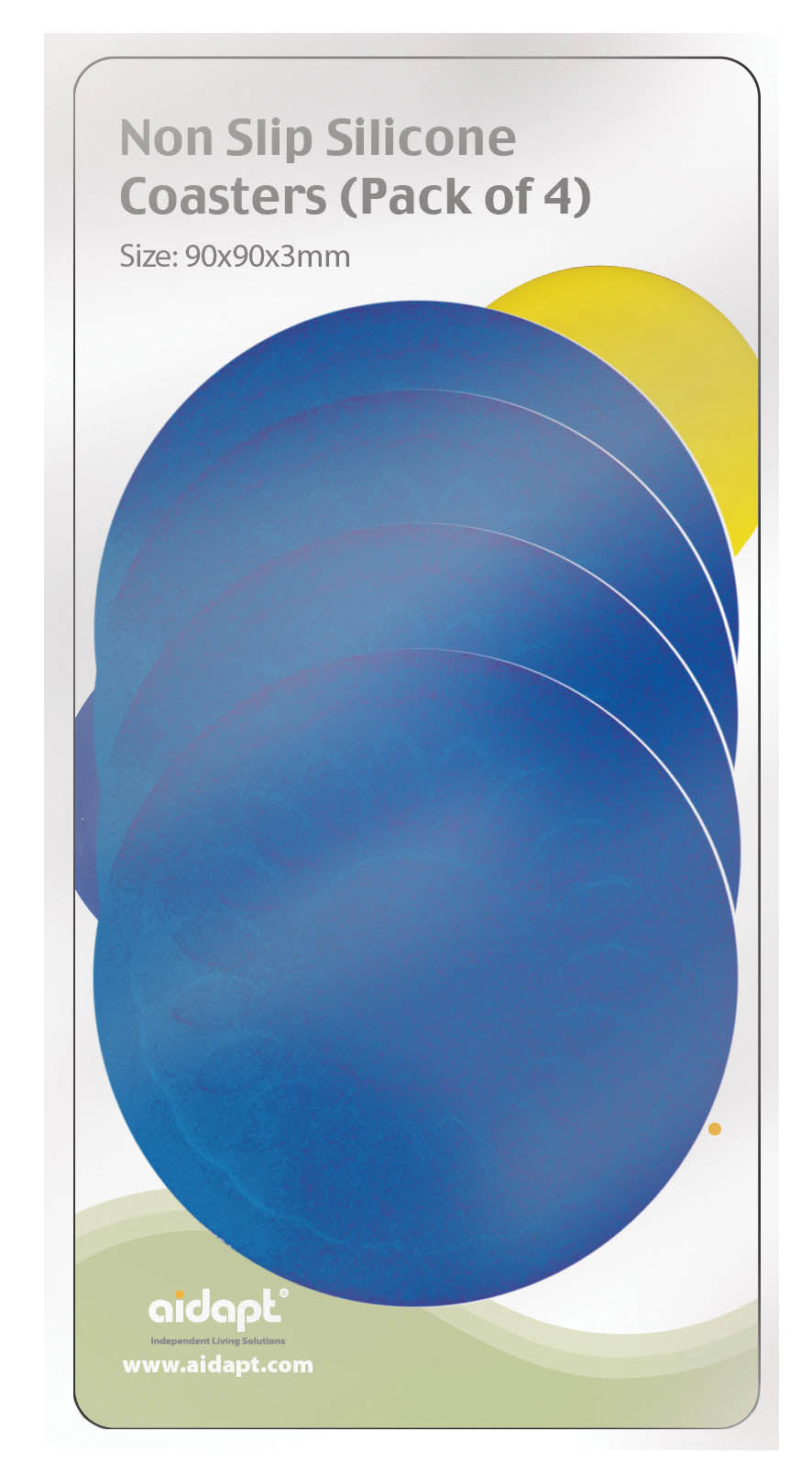 shows a packet of four blue non slip silicone coasters