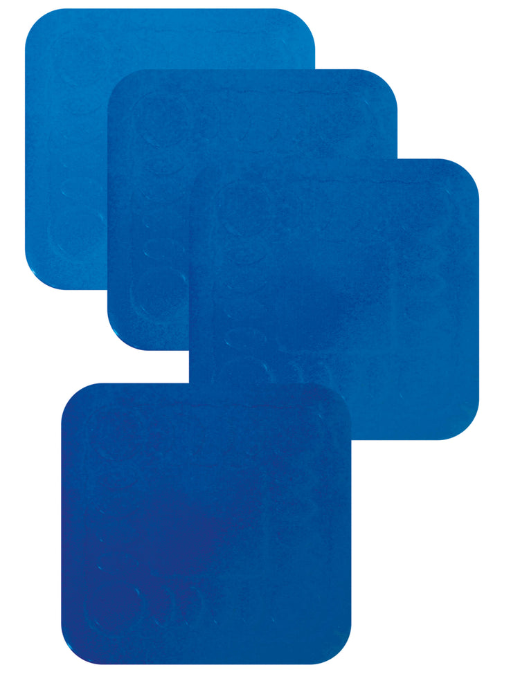 shows four blue non slip silicone coasters