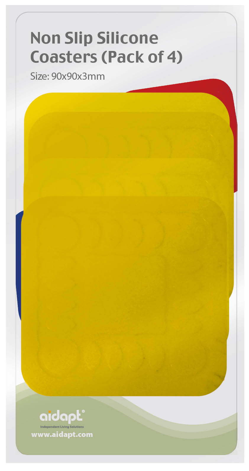 shows a pack of four yellow non slip silicone coasters