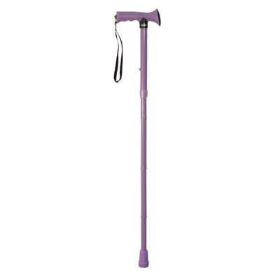 shows the folding rubber handled walking stick in purple