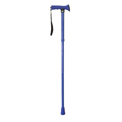 shows the folding rubber handled walking stick in bright blue